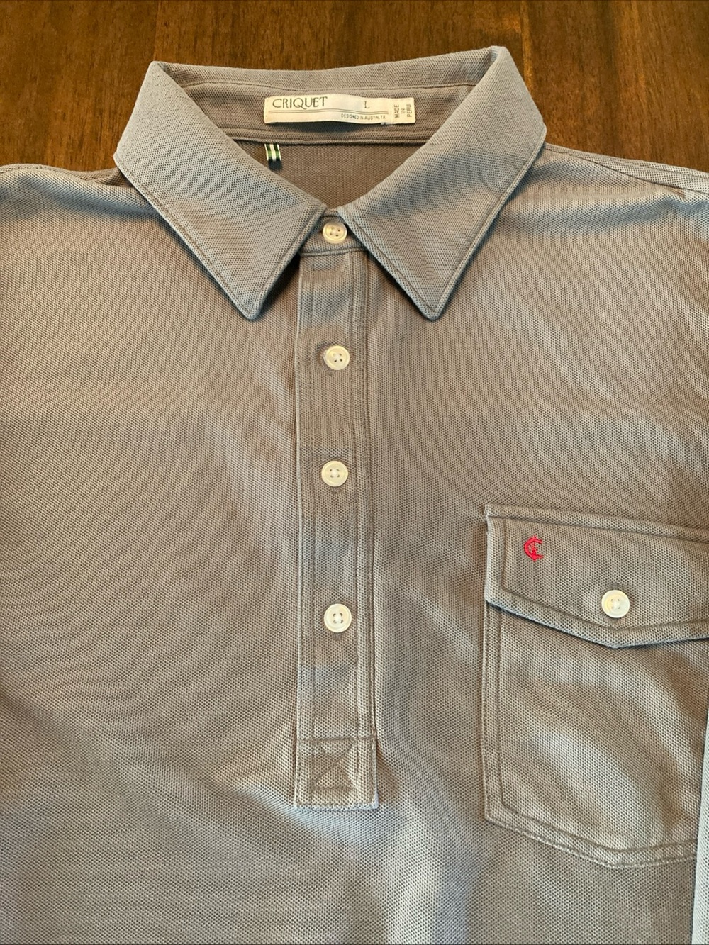 Criquet Men's Light Gray Pique long sleeve Polo with Pocket and Red Logo